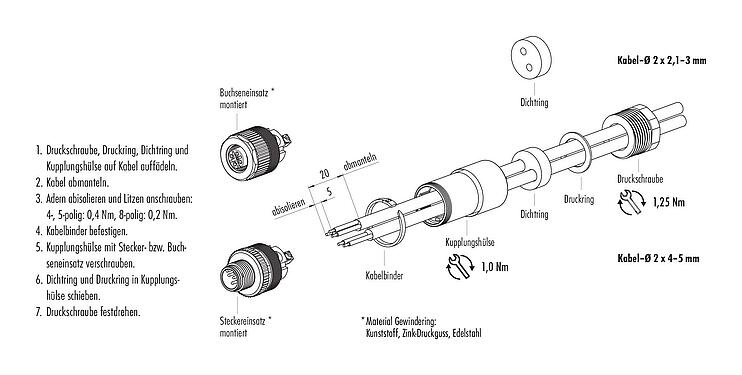 Montageanleitung M12 Duo-Kabelstecker, Polzahl: 4, 2.1-3.0 mm (2 Kabel) oder 4-5 mm (2 Kabel), ungeschirmt, schraubklemm, IP67, UL 2238