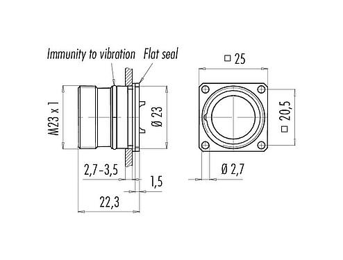 Scale drawing M23 Square male panel mount connector, Contacts: 12, unshielded, solder, IP67, M2 (4x), Rear mounting