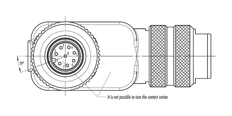 Disposition des contacts (Côté plug-in) M12 Connecteur femelle coudé, Contacts: 8, 6,0-8,0 mm, blindable, pince à visser, IP67, UL 2238, avec anneau de protection