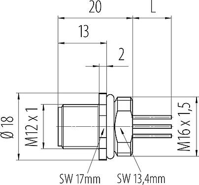 Scale drawing M12 Male panel mount connector, Contacts: 8, unshielded, single wires, IP67, UL 2238, M16x1.5, Front mounting