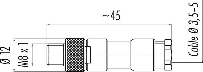 Disegno in scala M8 Connettore cavo maschio, Numero poli: 3, 3,5-5,0 mm, non schermato, saldare, IP67, UL 2238