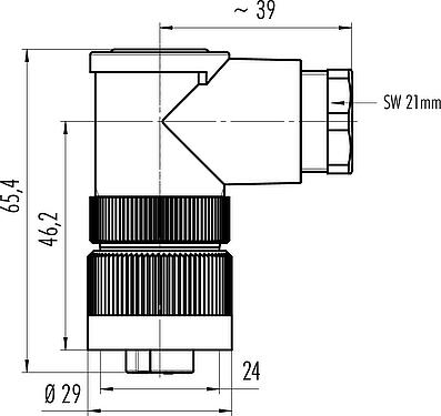 比例图 RD24 弯角孔头电缆连接器, 极数: 6+PE, 10.0-12.0mm, 非屏蔽, 螺钉接线, IP67, UL, ESTI+, VDE, PG 13.5