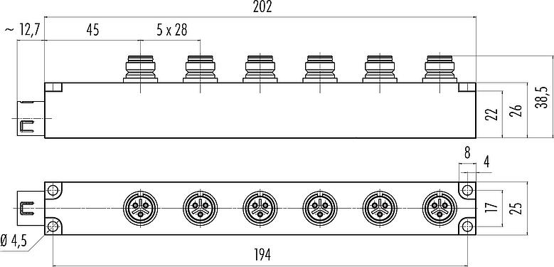 Maßzeichnung Snap-In 6-fach-Verteiler, Polzahl: 3, ungeschirmt, steckbar, IP67