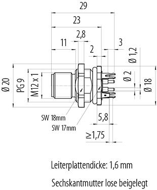 Maßzeichnung M12 Flanschstecker, Polzahl: 4, geschirmt, THT, IP68, UL 2238, PG 9, Rückwandmontage