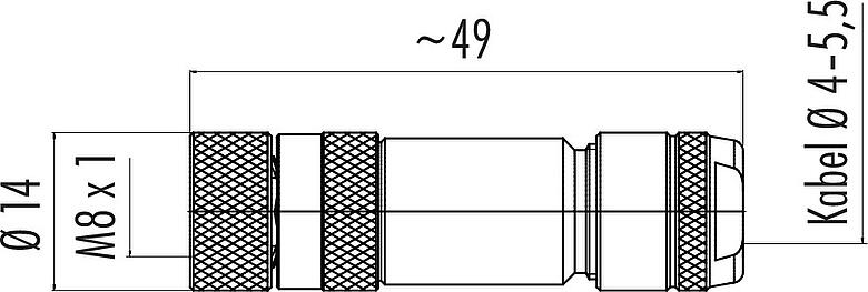 Maßzeichnung M8 Kabeldose, Polzahl: 4, 4,0-5,5 mm, schirmbar, schraubklemm, IP67, UL 2238, Irisfeder