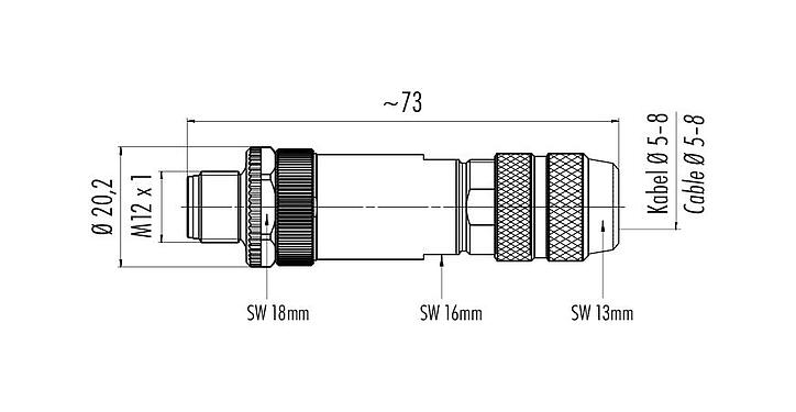 Desenho da escala 99 3721 810 04 - M12 Plugue de cabo, Contatos: 4, 5,0-8,0 mm, blindável, crimpado (os contactos de crimpdevem ser encomendados separadamente), IP67