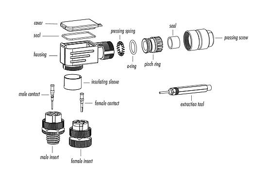 Component part drawing 99 1434 820 04 - M12 Female angled connector, Contacts: 4, 5.0-8.0 mm, shieldable, crimping (Crimp contacts must be ordered separately), IP67, UL