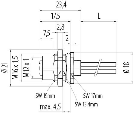 Bản vẽ tỷ lệ M12 Ổ cắm gắn bảng, Số lượng cực : 3, không có chống nhiễu, dây đơn, IP68, UL 2238, M16x1,5, Chốt trung tâm, túp lều