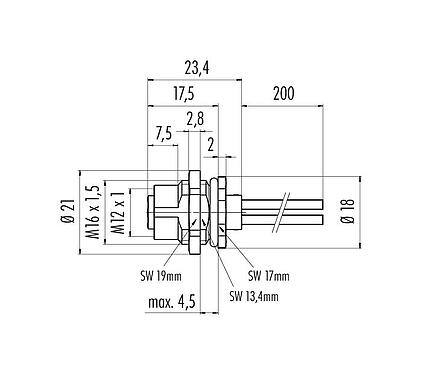 Scale drawing 09 0692 121 04 - M12 Female panel mount connector, Contacts: 3+PE, unshielded, single wires, IP68, UL, VDE, M16x1.5, front fastened