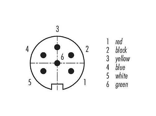 Disposition des contacts (Côté plug-in) M16 Connecteur mâle coudé, Contacts: 6 (06-a), blindé, surmoulé sur le câble, IP67, PUR, noir, 6 x 0,25 mm², 2 m