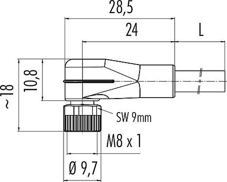 Scale drawing M8 Female angled connector, Contacts: 8, unshielded, moulded on the cable, IP67/IP69K, UL 2238, PUR, black, 8 x 0.25 mm², 5 m