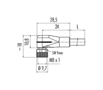Dessin coté M8 Connecteur femelle coudé, Contacts: 3, non blindé, surmoulé sur le câble, IP67/IP69K, UL 2238, PVC, gris, 3 x 0,34 mm², 5 m