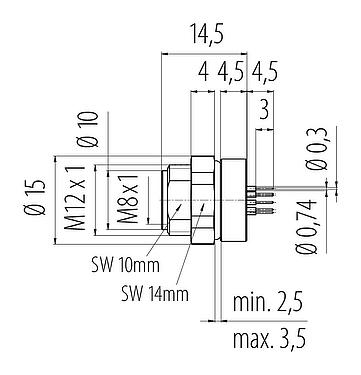 Bản vẽ tỷ lệ M8 Ổ cắm gắn bảng, Số lượng cực : 12, không có chống nhiễu, THT, IP67/IP69K, UL 2238, M10x0,75, Chốt trung tâm, có thể vặn từ phía trước, túp lều