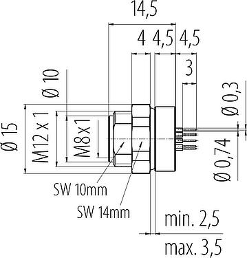 Scale drawing M8 Female panel mount connector, Contacts: 12, unshielded, THT, IP67/IP69K, UL 2238, M10x0.75, Rear mounting, screwable from the front, potted