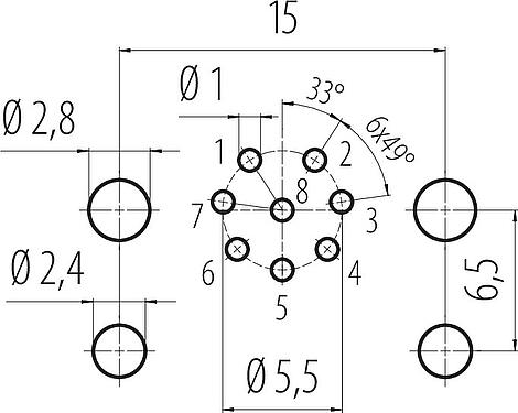 Disposition du conducteur M12 Embase femelle, Contacts: 8, non blindé, THR, IP68, UL 2238, M12x1,0, Montage frontal, pour assemblage PCB