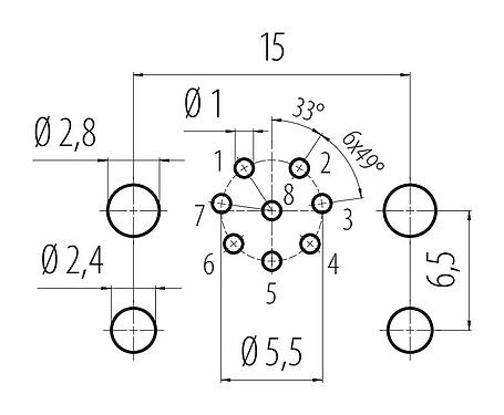 Disposizione dei conduttori 99 3482 200 08 - M12 Connettore femmina a flangia, Numero poli: 8, non schermato, THR, IP68, UL, per l'assemblaggio di PCB