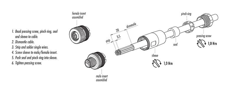 Hướng dẫn lắp ráp M12 Phích cắm cáp, Số lượng cực : 12, 6,0-8,0mm, không có chống nhiễu, hàn, IP67, UL 2238