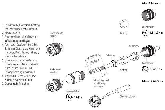 Montageanleitung M12 Kabelstecker, Polzahl: 5, 6,0-8,0 mm, schirmbar, Käfigzugfeder, IP67, mit Schirmring