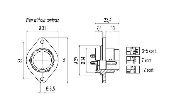 Schaaltekening Bajonet Male panel mount connector, aantal polen: 12, onafgeschermd, soldeer, IP40, Frontaansluiting