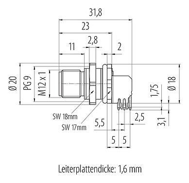 Maßzeichnung M12 Flanschstecker, Polzahl: 4, schirmbar, THT, IP68, UL 2238, PG 9, Rückwandmontage, vergossen
