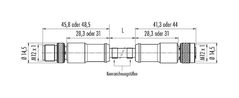 Maßzeichnung M12 Verbindungsleitung Kabelstecker - Kabeldose, Polzahl: 5, geschirmt, am Kabel angespritzt, IP67, UL 2238, PUR, schwarz, 5 x 0,25 mm², 1 m