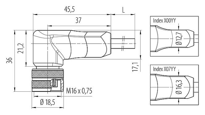 Масштабный чертеж 77 6534 0000 50712-0500 - M16 Угловая розетка, Количество полюсов: 12, экранированный, формовка на кабеле, IP68, PUR, черный, 12 x 0,25 мм², 5 м
