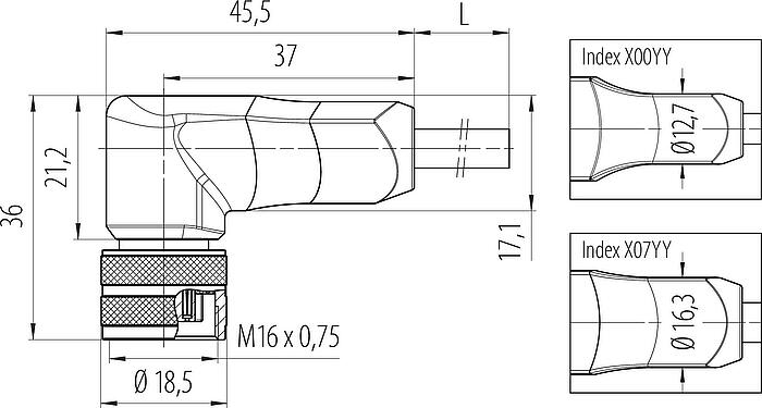 縮尺図 M16 メス アングルコネクタ, 極数: 12, シールド, モールドケーブル付き, IP67, PUR, 黒, 12x0.25mm², 2m