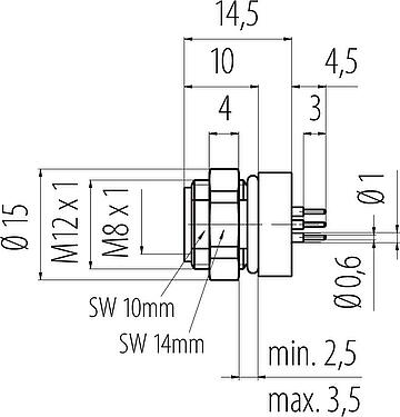 比例图 M8 孔头法兰座, 极数: 8, 非屏蔽, THT, IP67, UL 2238, M12x1.0, 後壁安裝, 模压成型