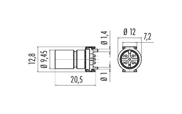 Scale drawing M12 Male receptacle, Contacts: 5, unshielded, SMT, IP67