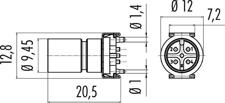 Scale drawing M12 Male receptacle, Contacts: 5, unshielded, SMT, IP67