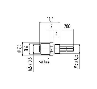 Scale drawing M5 Female panel mount connector, Contacts: 4, unshielded, single wires, IP67, M5x0.5, Front mounting, potted