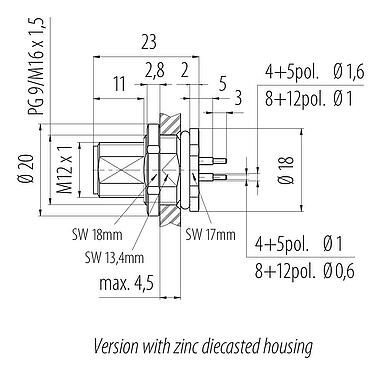 Schaaltekening 86 0531 1100 00012 - M12 Male panel mount connector, aantal polen: 12, onafgeschermd, THT, IP68, UL 2238, PG 9, Achterwandmontage
