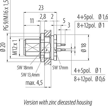 Scale drawing M12 Male panel mount connector, Contacts: 5, unshielded, THT, IP68, UL 2238, PG 9, Rear mounting
