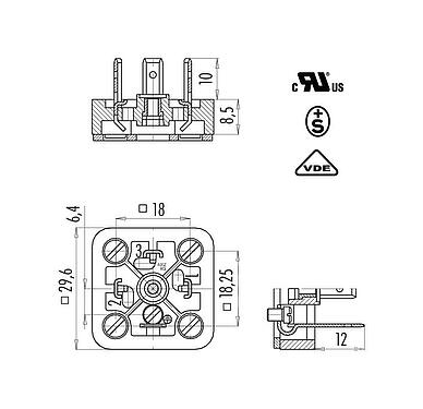 Dessin coté Embase mâle pour appareils, Contacts: 2+PE, non blindé, souder, IP40 sans joint, UL, ESTI+, VDE