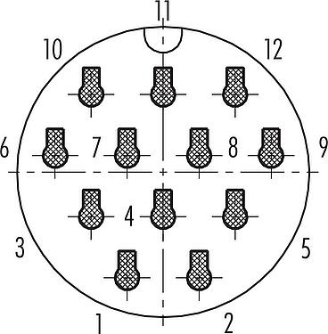 Polbild (Steckseite) Bajonett Kabelstecker, Polzahl: 12, 7,0-13,0 mm, ungeschirmt, crimpen (Crimpkontakte müssen separat bestellt werden), IP68/IP69K, UL 2238, VDE, UV-Beständig