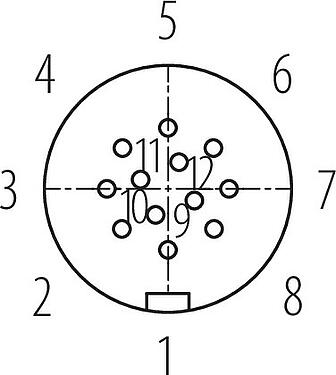 Polbild (Steckseite) Snap-In Flanschdose, Polzahl: 12, ungeschirmt, löten, IP67, UL 2238, VDE, M12x1,0, Frontmontage