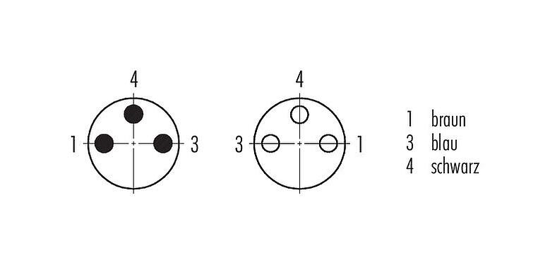 Polbild (Steckseite) M8 Verbindungsleitung Kabelstecker - Winkeldose, Polzahl: 3, ungeschirmt, am Kabel angespritzt, IP67/IP69K, UL 2238, PUR, schwarz, 3 x 0,34 mm², 2 m