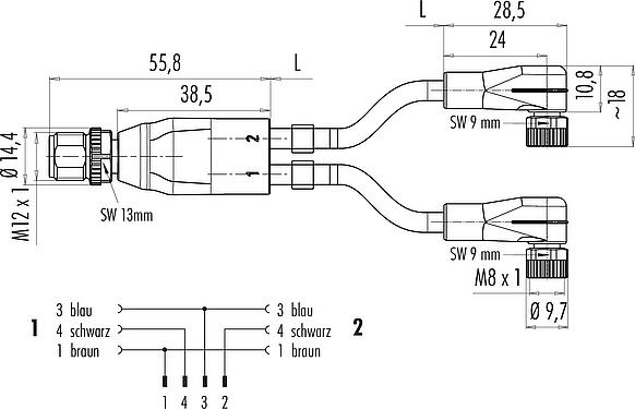 Maßzeichnung M12/M8 Kabelsplitter Kabelstecker - 2 Winkeldosen, Polzahl: 4/3, ungeschirmt, am Kabel angespritzt, IP67, UL 2238, PUR, schwarz, 3 x 0,34 mm², mit LED PNP, 2 m