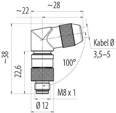 Maßzeichnung M8 Winkelstecker, Polzahl: 4, 3,5-5,0 mm, schirmbar, löten, IP67, UL 2238
