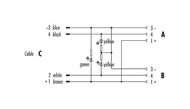 Pin assignment plans 79 5232 33 04 - M8/M8 Twin distributors, Y-distributor, Contacts: 3, unshielded, moulded on the cable, IP68, UL 2238, PUR, black, 4 x 0.25 mm², with LED PNP, 2 m