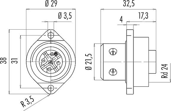 Scale drawing RD24 Female panel mount connector, Contacts: 3+PE, unshielded, screw clamp, IP67, UL, ESTI+, VDE, Front mounting