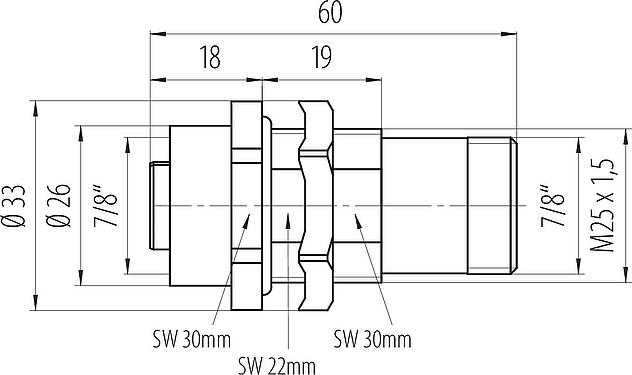 Maßzeichnung 7/8" Schaltschrankdurchführung, Polzahl: 5, ungeschirmt, steckbar, IP67, VDE, Rückwandmontage