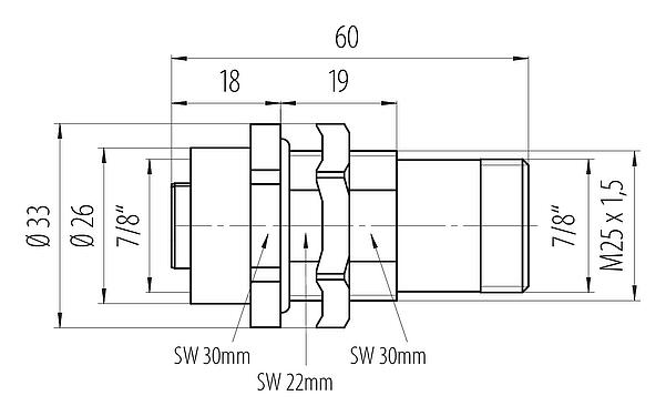 Schaaltekening 7/8" Doorvoer voor schakelkast, aantal polen: 5, onafgeschermd, stekerbaar, IP67, VDE, Achterwandmontage