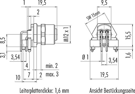 Maßzeichnung M12 Flanschdose, Polzahl: 5, ungeschirmt, THR, IP68, UL 2238, M12x1,0, Rückwandmontage, zweiteilige Ausführung