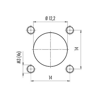 Muestra de montaje M12 Conector de montaje en panel macho cuadrado, Número de contactos: 4, sin blindaje, UL 2238, M3 (4x), Montaje frontal, Alineación de codificación posicionable