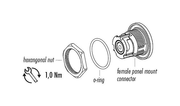 Component part drawing 09 0774 190 08 - Bayonet Female panel mount connector, Contacts: 8, unshielded, THT, IP67 when unplugged as well, front fastened