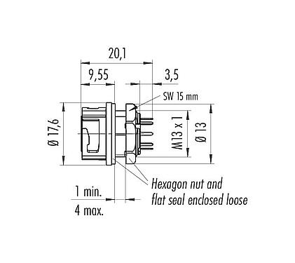 Scale drawing 09 0774 490 08 - Bayonet Female panel mount connector, Contacts: 8, unshielded, THT, IP67