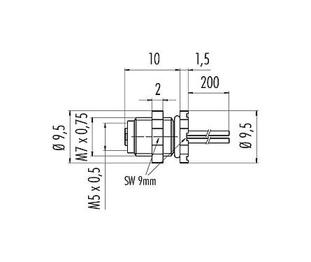 Scale drawing M5 Female panel mount connector, Contacts: 3, unshielded, single wires, IP67, UL 2238, M5x0.5, Rear mounting, potted