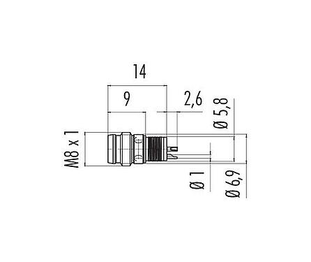 Dessin coté M8 Encastrable mâle, Contacts: 3, non blindé, souder, IP65, Montage frontal