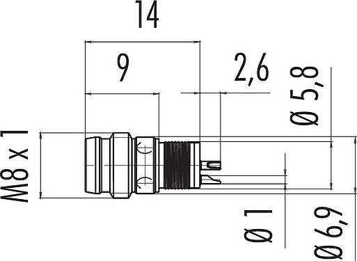 Maßzeichnung M8 Einbaustecker, Polzahl: 3, ungeschirmt, löten, IP65, Frontmontage